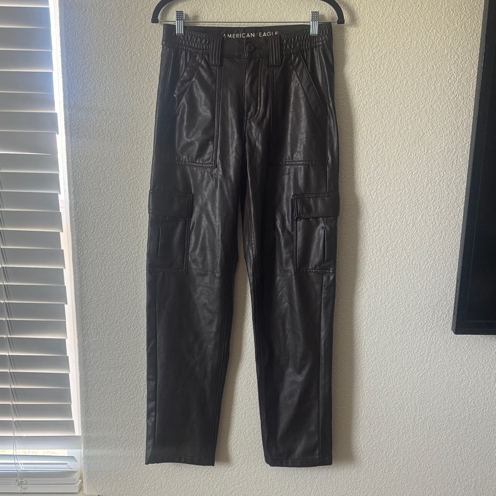 American Eagle Outfitters Black Faux Leather Cargo Joggers